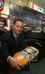 Stephen Berman, president and COO, JAKKS Pacific, debuts Tony Stewart's No. 20 Home Depot radio control race car as part of the Company's new officially licensed NASCAR toy vehicle line. Byline: JIM SULLEY Credit: MEDIALINK WIREPIX